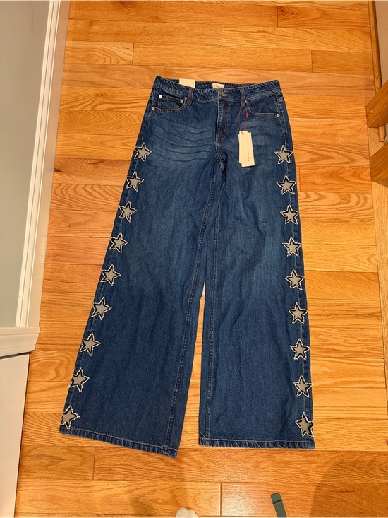 Alice + Olivia Denim - Alice & Olivia Dark Blue Wide-Leg Jeans with Rhinestone Star Cut Outs NWT